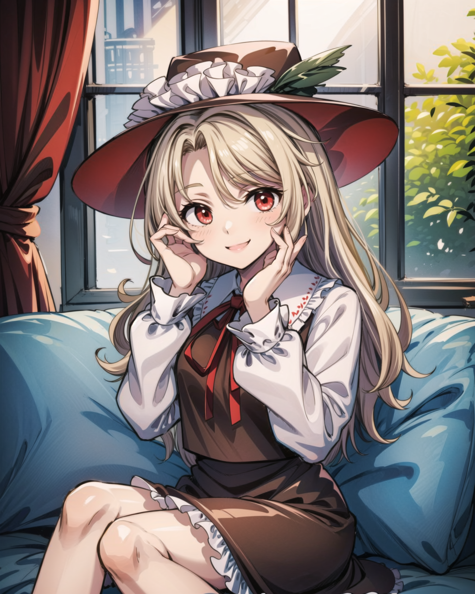 00113-632439221-, solo, 1girl, dippjacketgirl, smile, looking at viewer, sitting, hand on own face, frilled hat, hat feather, collared shirt, re.png